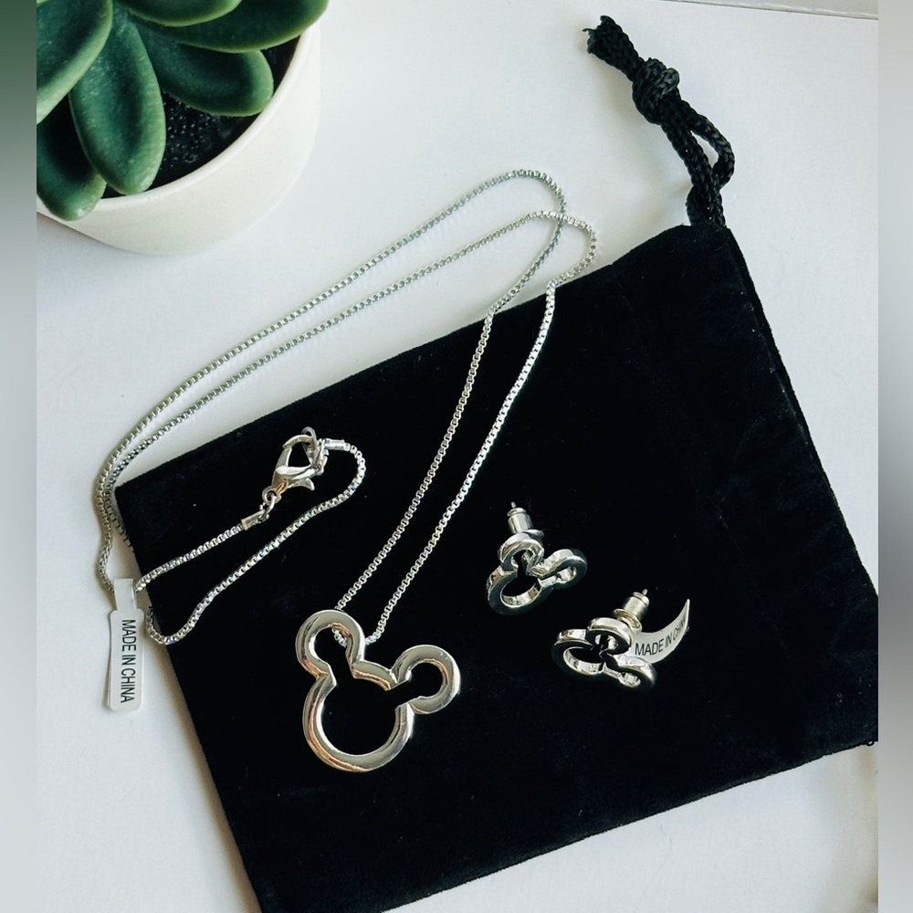 Mickey Mouse Stainless Steel Pendant Necklace & Matching Earrings